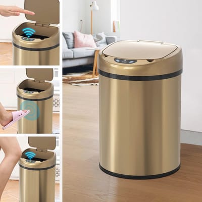 Slimme Vuilnisbak met Automatische Deksel - 3,5 Gallon Sensor Afvalbak voor Keuken, Badkamer en Office in Champagnegoud