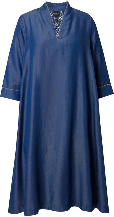 Ulla Popken - Dames - Lyocell jurk denimlook gobletkraag 3/4-mouwen zakken - Donkermarine - Maat 42+