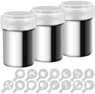 Dailygoods- Poedershakers 3-delige set - Roestvrij Staal - Fijnmazige Deksel - Koffie/Cacao Strooiers - ABS Stofdichte Bekleding - Diameter 8,6 cm - Strooier