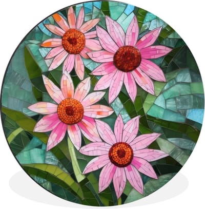 WallCircle - Wandcirkel - Muurcirkel - Bloemen - Roze - Glasmozaïek - Aluminium - Dibond - 30x30 cm - Binnen en Buiten