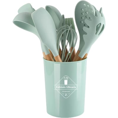 Keukengerei Set Silicone Kookgerei Set Houten Handvat Anti-aanbak Kookgerei met Container Donker