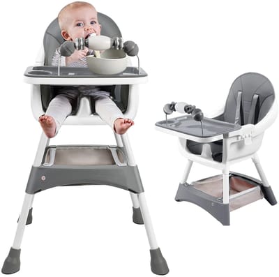 Venzor - Draagbare Converteerbare Kinderstoel – Eat & Play – Dubbel Dinerbord & Speelgoedrek – Lichtgewicht 4,2 kg – 39×46×27 cm – Grijs