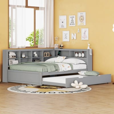 Massief Houten Multifunctioneel Bed 140x200 – Uitschuifbaar 90x190 met USB-Stopcontact & Meerdere Opbergvakken, Tweepersoonsbed, Grijs