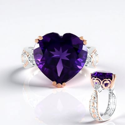 Cavill - 7,457 ct Hartvormige Braziliaanse Amethist Ring - 925 Sterling Zilver met Palladiumlaag - 6 Zirkonen 0,108 ct - Elegant