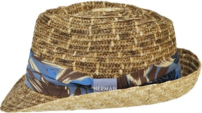 Herman chapeau petit bord relevé à l'arrière en paille naturelle brulée avec ruban imprimé tropical ton bleu