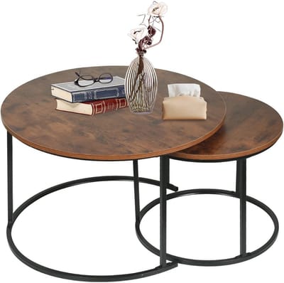 Set van 2 uittrekbare salontafels, ronde salontafel, woonkamer, stapelbaar, industrieel design, metalen poten, marmerlook en gouden stalen voet, industrieel design (donker hout + zwart, 60 x 60 x 45