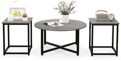 COSTWAY Bijzettafelset, metaal, grijs, 80 x 42 cm (d x h), 40 x 40 x 50 cm (l x b x h)