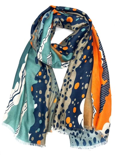 Lange dames sjaal Venla-fantasiemotief-oranje beige groen wit navy blauw bruin