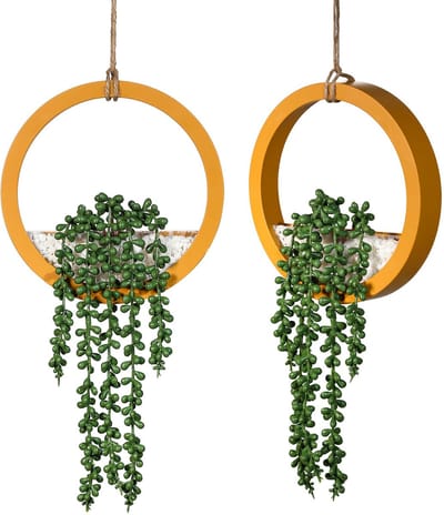 Set van 2 kunstmatige hangende vetplanten - 30 cm nepparelsnoer in potten, modern houten kleurenframe muurdecoratie voor woonkamer, badkamer, slaapkamer, kantoor, buiten