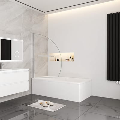 Aica Gebogen Badwand 100x150cm-Met Handdoekhouder-8mm Transparant Gehard Glas-Chroom Frame