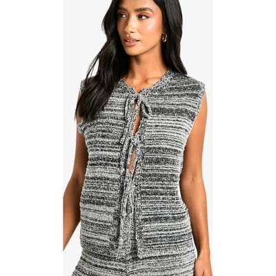 boohoo Dames Petite Marl Gebreide Vest met Stropdas aan de Voorzijde | Zwart | Maat: XS