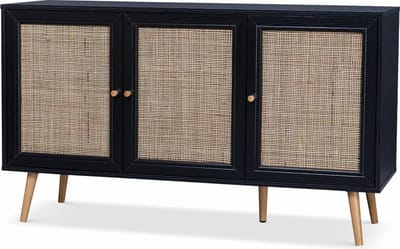 sweeek - Dressoir met 3 deuren houtdecor en rotan 120cm - bohème