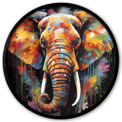 Poster in lijst Rond - Fotolijst 40x40 cm - Posters - Olifant - Graffiti - Zwart - Dieren - Kleuren - Ronde posterlijst zwart - Decoratie - Wanddecoratie woonkamer - Muurdecoratie slaapkamer