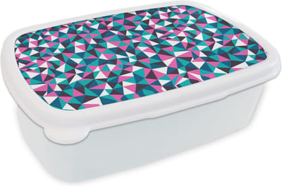 Broodtrommel Wit - Lunchbox - Brooddoos - Geometrie - Roze - Blauw - Wit - Patronen - 18x12x6 cm - Volwassenen