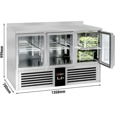 GGM Gastro Kühltisch PREMIUM - 1370x700mm - 3 Glastüren - Aufkantung Zilver