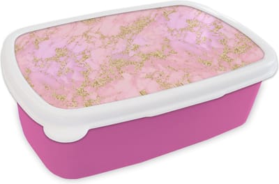 Broodtrommel Roze - Lunchbox - Brooddoos - Marmer - Goud - Glitter - Design - 18x12x6 cm - Kinderen - Meisje