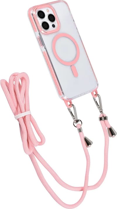 Hoes Geschikt voor: iPhone 15 Pro Max Hoesje voor om de nek - Magnetisch Magsafe Hoesje Met Koord - Hoes Met Koord - Hoes Cover Met Koord - Roze