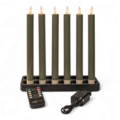 DORSETTO Dinerkaarsen LED olijfgroen 250 mm, oplaadbaar, tot 400 uur brandduur, set van 6
