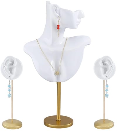 Dailygoods- Sieradenbuste - Presentatiestandaard - Halskettingen/Oorbellen - Goudkleurige ijzeren steun - 32 cm hoog - Mat wit, fotoklaar oppervlak - Sieradenstandaard