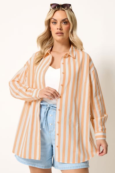 Yours Oranje Gestreept Linnen Overhemd Met Lange Mouwen Size 42