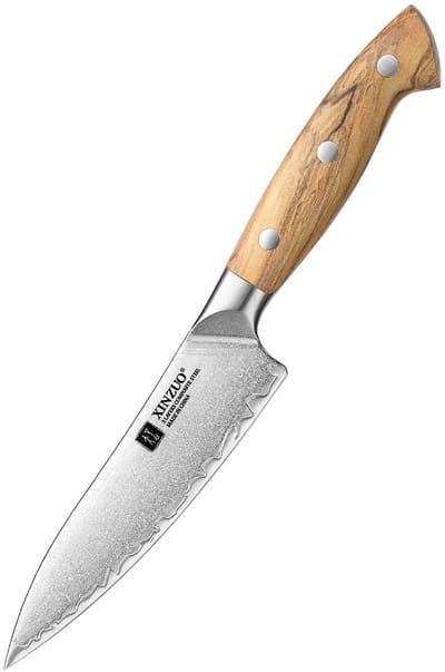 XinZuo X02O Pin Series Groentemes 13,5 cm – Professioneel Keukenmes – Olijfhouten Handvat – 3-Laags Composietstaal met Stonewash Afwerking