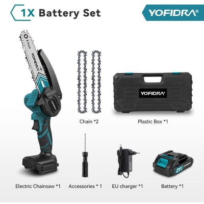 YOFIDRA Scie à chaîne 6 pouces Scie électrique sans fil Travail du bois Jardinage Coupe Élagage Tronçonneuse Outil électrique Pour batterie Makita 21V Broche With 1 Battery EU Plug