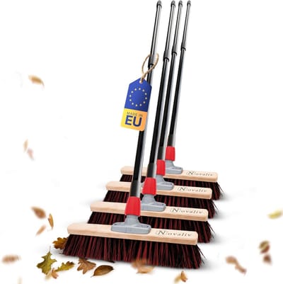 4x Straatbezems 40 cm I met steel I Arenga-Elaston zwart-rood I Telescopische steel I Bezem voor buiten I Industriële bezem Tuinbezem Sneeuwbezem Universele bezem
