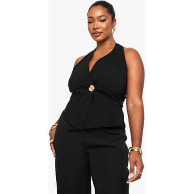 boohoo Dames PLUS HALTER WRAP VOORDEK GOUDE KNOP VEST | Zwart | Maat: 54