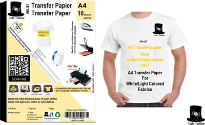 Bob Online™ - 10 Vellen – Transferpapier – T-shirt Transferpapier – T-shirt Transfer Paper – Iron on Transfer Paper – Licht Textiel Transferpapier – Light Textile Transfer Paper – Inkjet Transferpapier – Gepersonaliseerd Cadeau – Heat Press Transfer