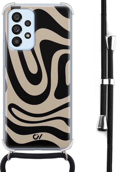 Telefoonhoesje met koord geschikt voor Samsung A53 - Abstract Black Waves - Inclusief koord - Transparant, Zwart - - Crossbody beschermhoes - Met Telefoonketting