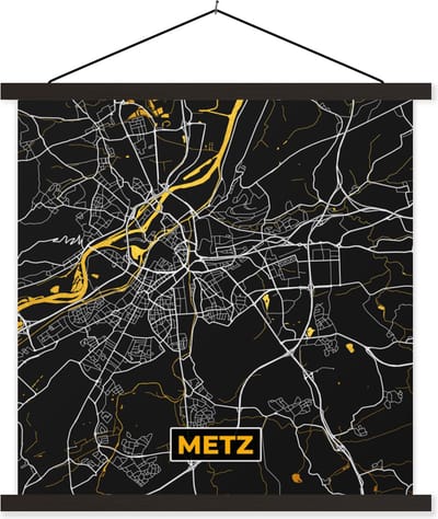 Posterhanger incl. Poster 60x60 cm - Schoolplaat - Plattegrond - Metz - Stadskaart - Frankrijk - Kaart - Textielposter - Zwarte latten - Stadskaart
