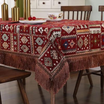 Geometrische Patronen Chenille Tafelkleed Kwastrand Geborduurd Eettafelkleed Rechthoekig Dik Slijtvast Tafelkleed 90x90cm 1pcs brown