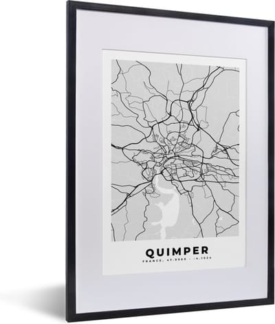 Fotolijst incl. Poster - Kaart - Stadskaart - Frankrijk - Quimper - Plattegrond - 30x40 cm - Posterlijst