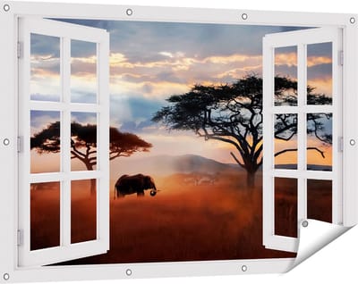 Gards Tuinposter Doorkijk Olifant in het Wild - Savanne - 120x80 cm - Tuindoek - Tuindecoratie - Wanddecoratie buiten - Tuinschilderij