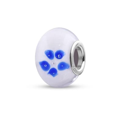 Quiges - Glazen - Kraal - Bedels - Beads Wit met Blauwe Bloemen Past op alle bekende merken armband NG1959
