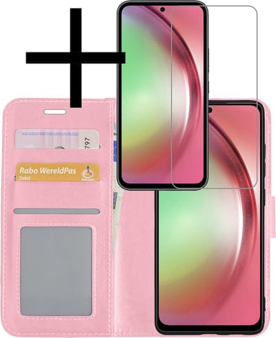 Hoesje - Met Screenprotector - Geschikt voor Samsung Galaxy A54 - Luxe Pasjeshouder - Bookcase Portemonee - Flip Case - Kunstleer Book Case - Flipcase - Book Cover - Walletcase - Portemonneehoes - Lichtroze