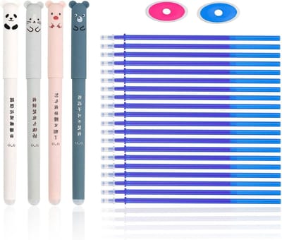 Set van 4 uitwisbare balpennen 0.35 mm in blauw met 20 navullingen, ideaal voor school, kantoor en creatief schrijven