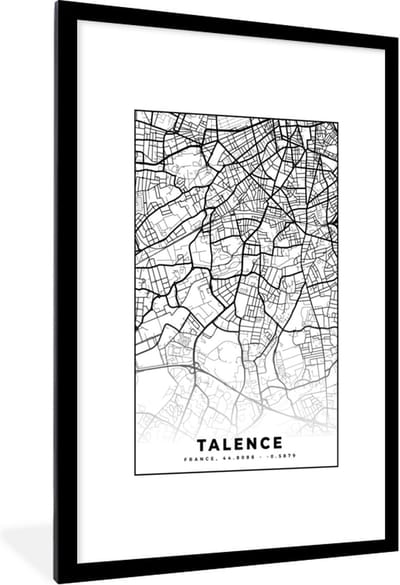 Fotolijst incl. Poster Zwart Wit- Talence - Kaart - Plattegrond - Frankrijk - Stadskaart - Zwart wit - 80x120 cm - Posterlijst