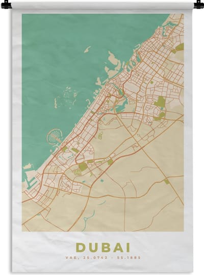 Wandkleed - Wanddoek - Dubai - Stadskaart - Plattegrond - Vintage - Kaart - 120x180 cm - Wandtapijt