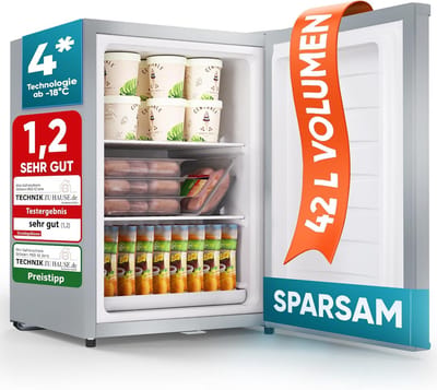 Stillstern Mini vriezer - Klein & Stil - 42 l, mini-diepvrieskist -18 °C met ijsblokjesbakje & slot - Deurscharnier rechts/links - 4-sterren diepvrieskast kleine diepvriezers [energieklasse E]