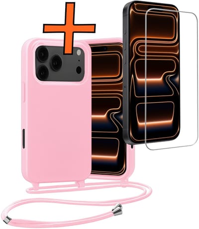Hoesje Geschikt voor iPhone 17 Pro / 18 Pro Hoes Met Telefoonketting Met Screenprotector - Backcover Geschikt voor iPhone 17 Pro / 18 Pro Case Met Koord - Lichtroze
