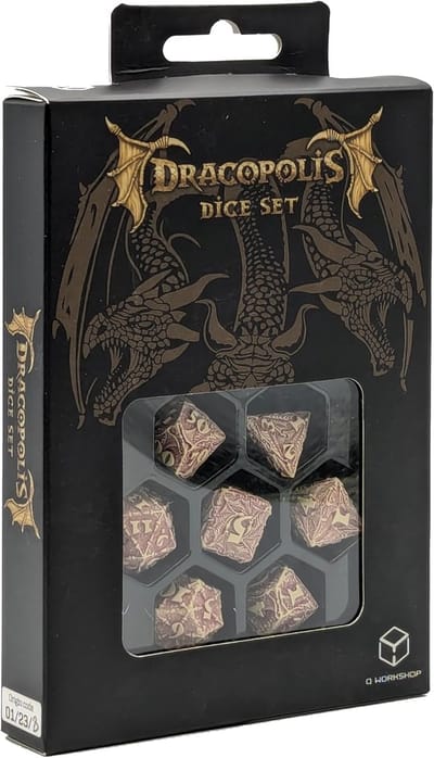 Dobbelspel Set - RPG Dobbelstenen - Tafelspel Avontuur - Uniek Drakenontwerp - 7 Delig - Paars Beige