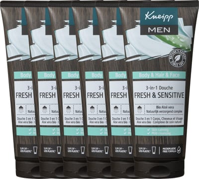 Kneipp Men - 3-in-1 Douche Shampoo - Fresh & Sensitive - Voor huid, haar en lichaam - Met frisse geur - Voordeelverpakking - Grootverpakking - Vegan - 6 x 200 ml