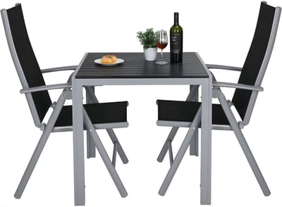 Patio dinerset – Voor tuin, terras & zwembad – 1 buitentafel & 2 verstelbare textilene stoelen – Zwart met zilverkleurige rand