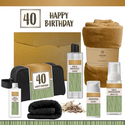 Geschenkset “40 Happy Birthday” - 7 producten - 1390 gram | Giftset voor hem - Cadeau Verjaardag Veertig Man Luxe Wellness Douche Cadeaubox Gefeliciteerd Pakket Geschenk Jarige Cadeaupakket Gift Set Party Forty Years Zwart Groen Goud