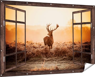 Gards Tuinposter Doorkijk Hert in de Wei tijdens de Zonsopkomst - 180x120 cm - Tuindoek - Tuindecoratie - Wanddecoratie buiten - Tuinschilderij