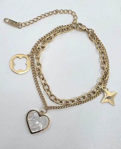 Armband - Twee stijlen - één armband - RVS - schelpvormig hartje bedeltje - Lengte 17 + 6cm verlenging - dubbele schakelarmband voor een moderne, gelaagde look. Stijlvol, sterk en waterproof - perfecte cadeau voor je VALENTIJN.
