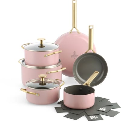 BK Sublime Pannenset 11-delig - 18/20/24/28cm - PFAS-vrije antikleeflaag - Pannenset inductie - Keramische pan - Ovenbestendig tot 220°C - Met glazen deksel - Met pannenbeschermers - Roze