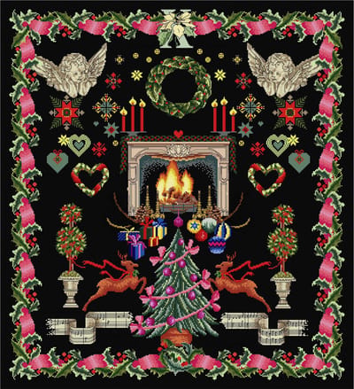 Thea Gouverneur - Borduurpakket met telpatroon - 2077.05 - Voorgesorteerde DMC Garens - Kerst Design - Zwart Aida - 50 cm x 54 cm - DIY Kit