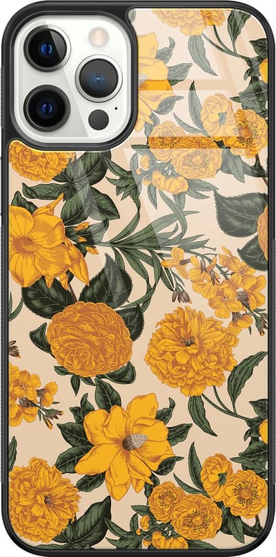 Hoesje geschikt voor iPhone 12 Pro - Retro flowers - Luxe Glazen Hardcase - Bloemen - Geel - Leuke Telefoonhoesjes